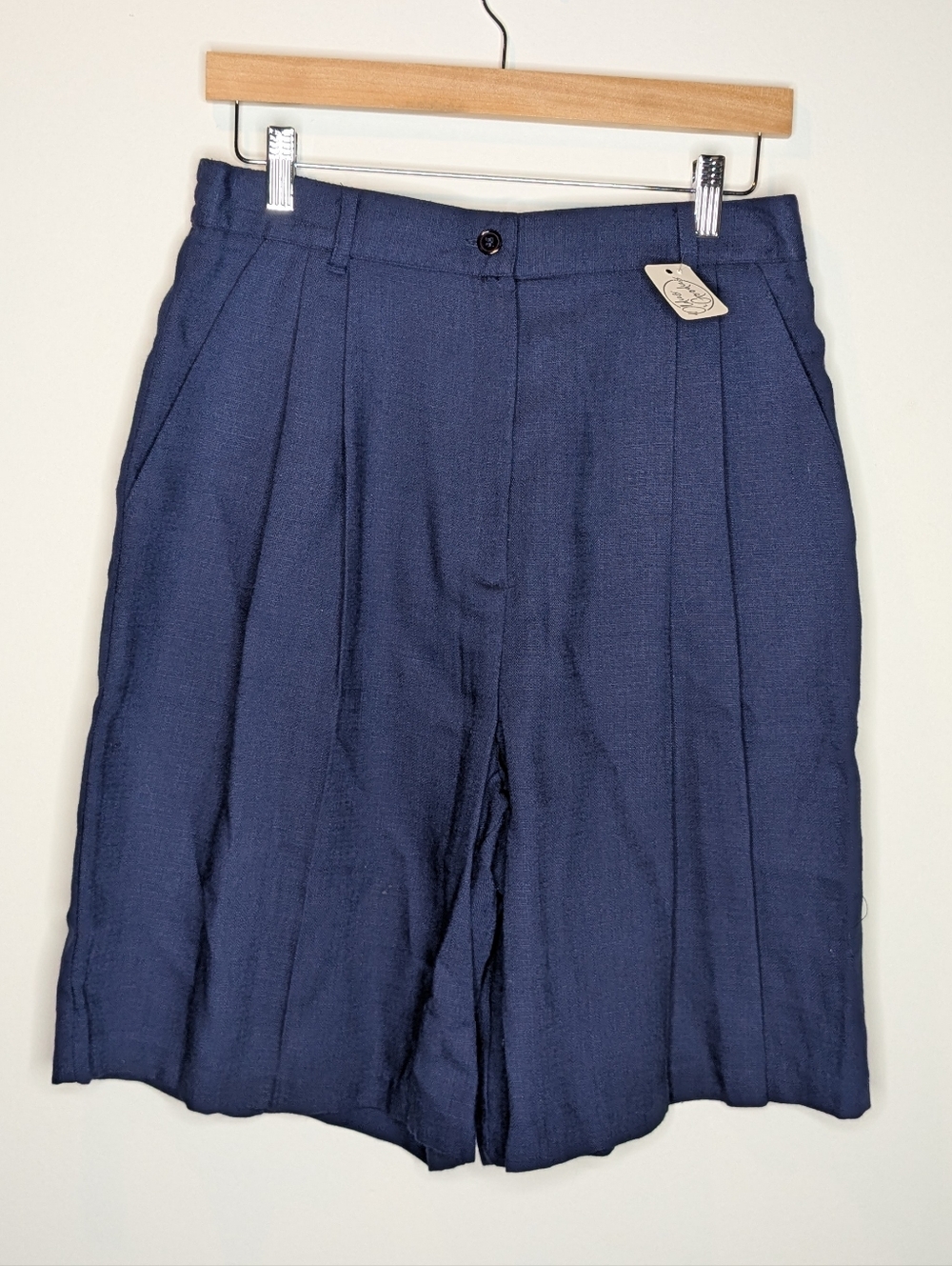 Navy Blue Pleated High-Waist Shorts